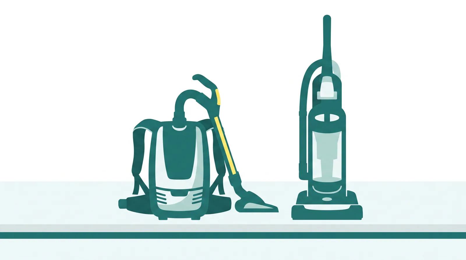 Flat-vector illustration: a backpack vacuum and an upright vacuum standing side by side on white as flat silhouettes