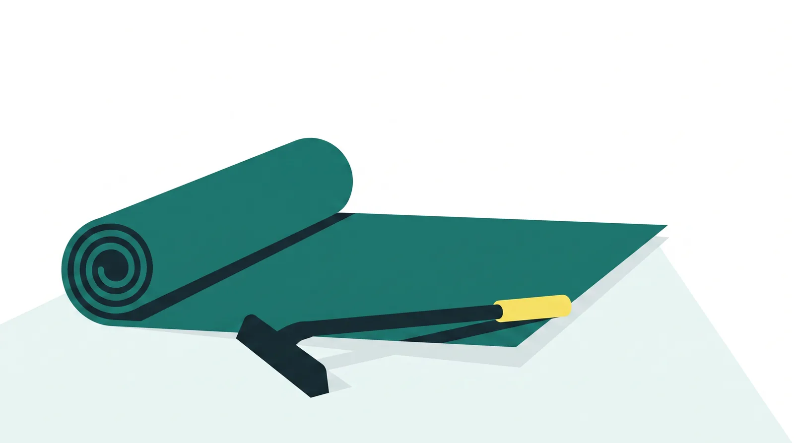 Flat-vector illustration of a rolled and a flat rug side by side on a bright floor with a carpet wand resting across them