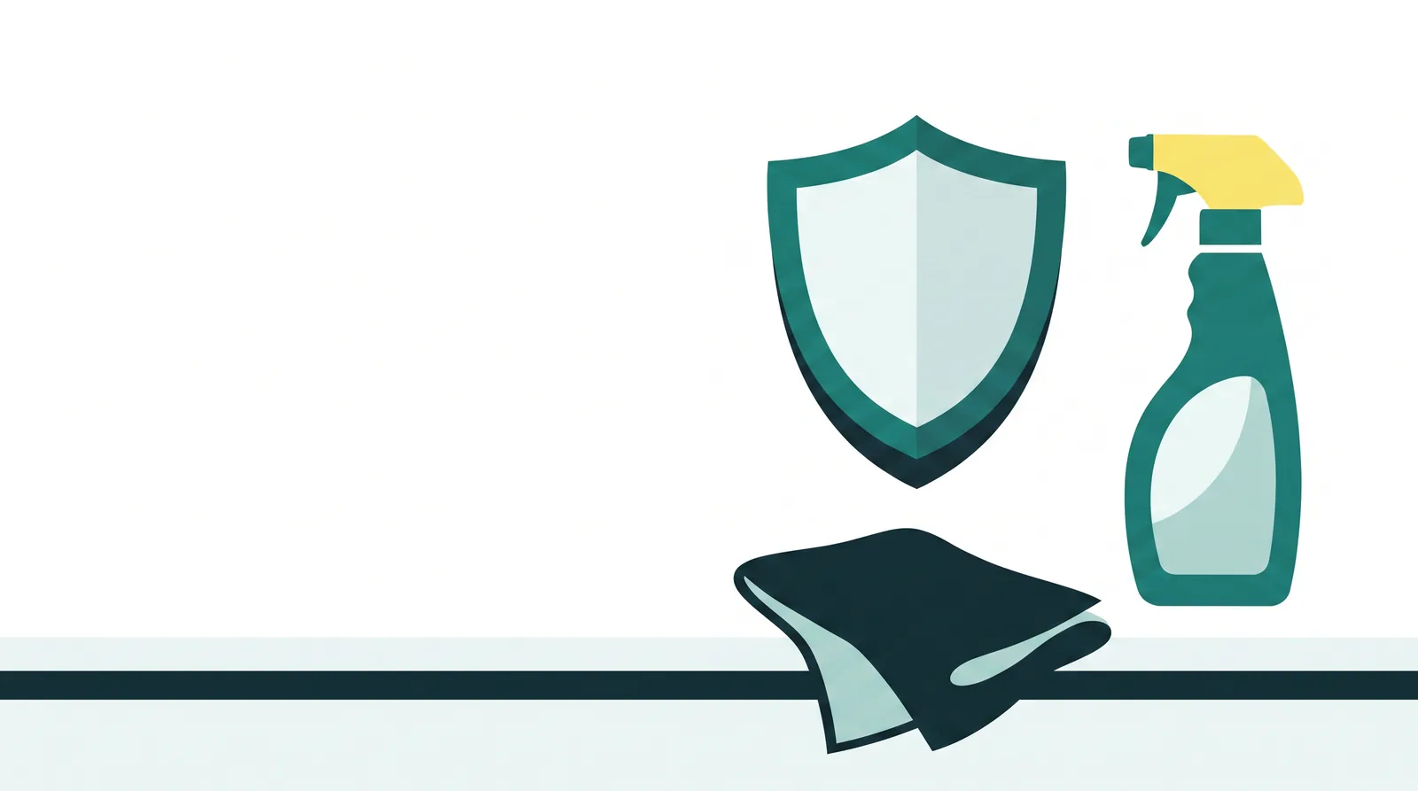 Flat-vector illustration: a shield-like flat shape over a folded cloth and a spray bottle