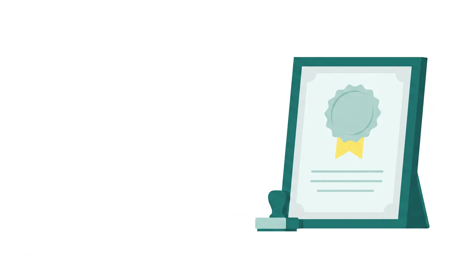 Flat-vector illustration of a framed certificate with an embossed seal, ribbon and stamp block