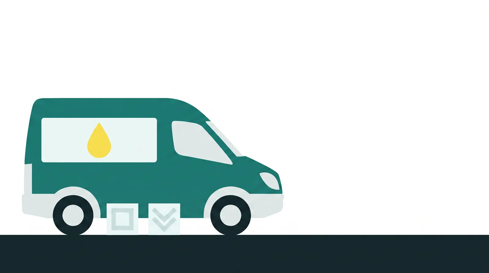 Flat-vector illustration of a van whose sign panel carries a filled droplet mark, two pale rejected marks on the ground beside it
