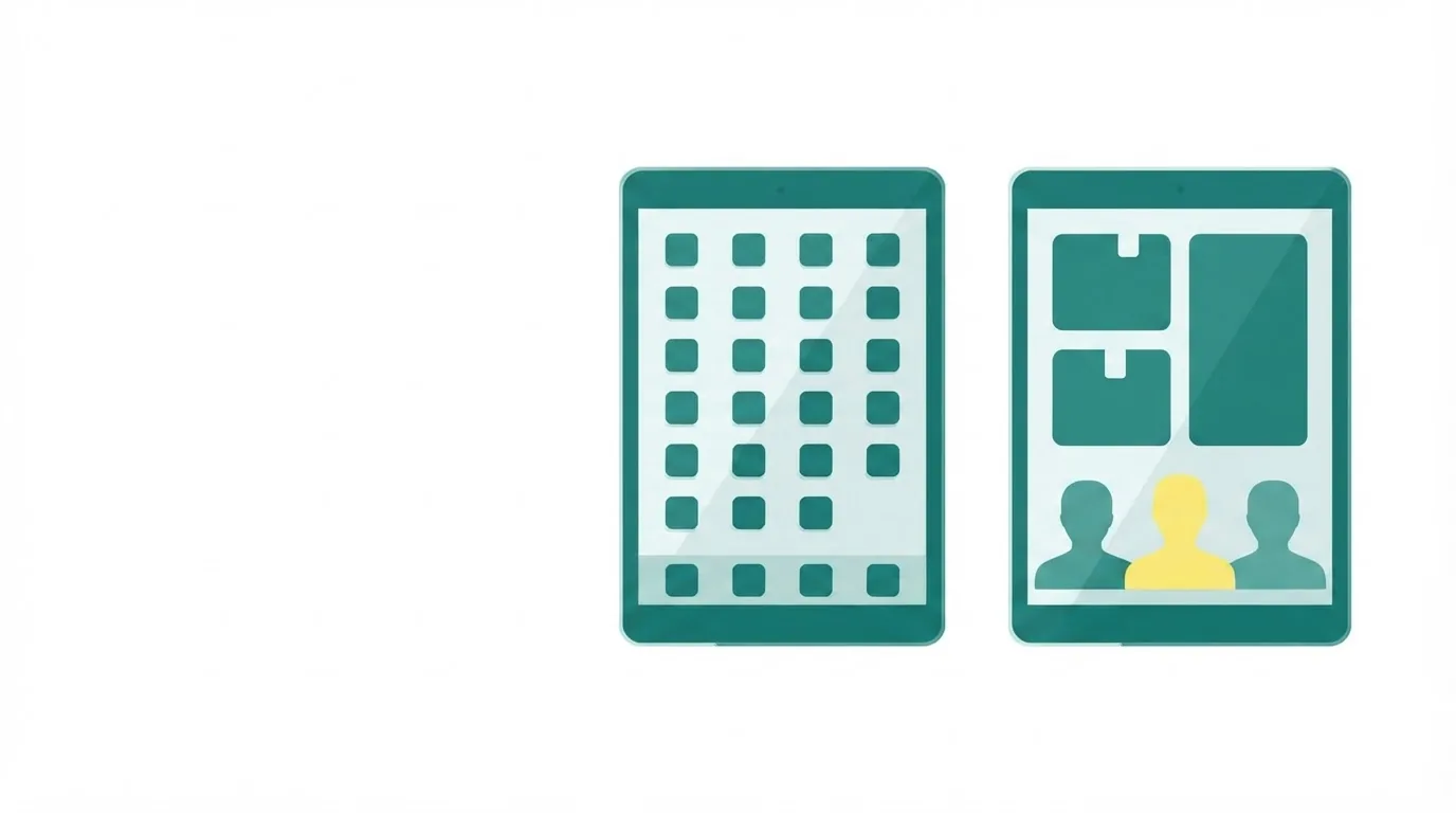 Flat-vector illustration of two tablets, one screen a dense grid, the other three crew silhouettes