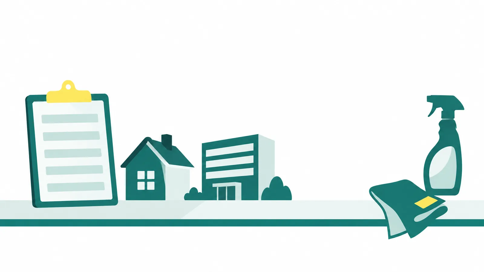 Flat-vector illustration of a blank clipboard price sheet beside a small house and an office building, with a spray bottle and cloth on a wiped counter