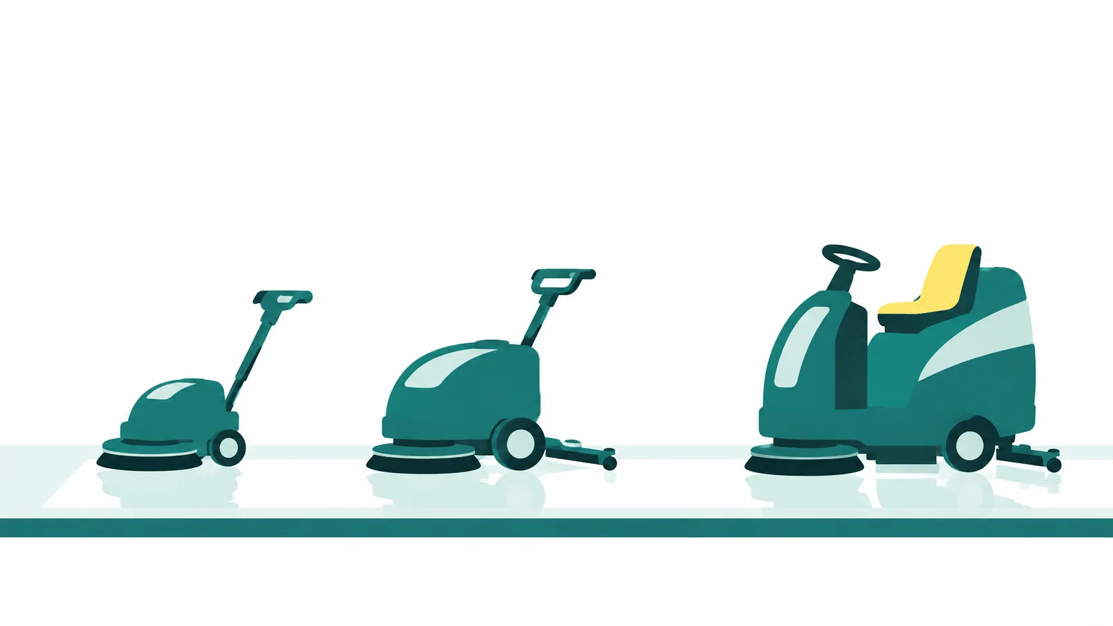 Flat-vector illustration of three floor scrubbers from small to large, a compact walk-behind, a mid-size walk-behind and a ride-on, each leaving a clean strip of floor