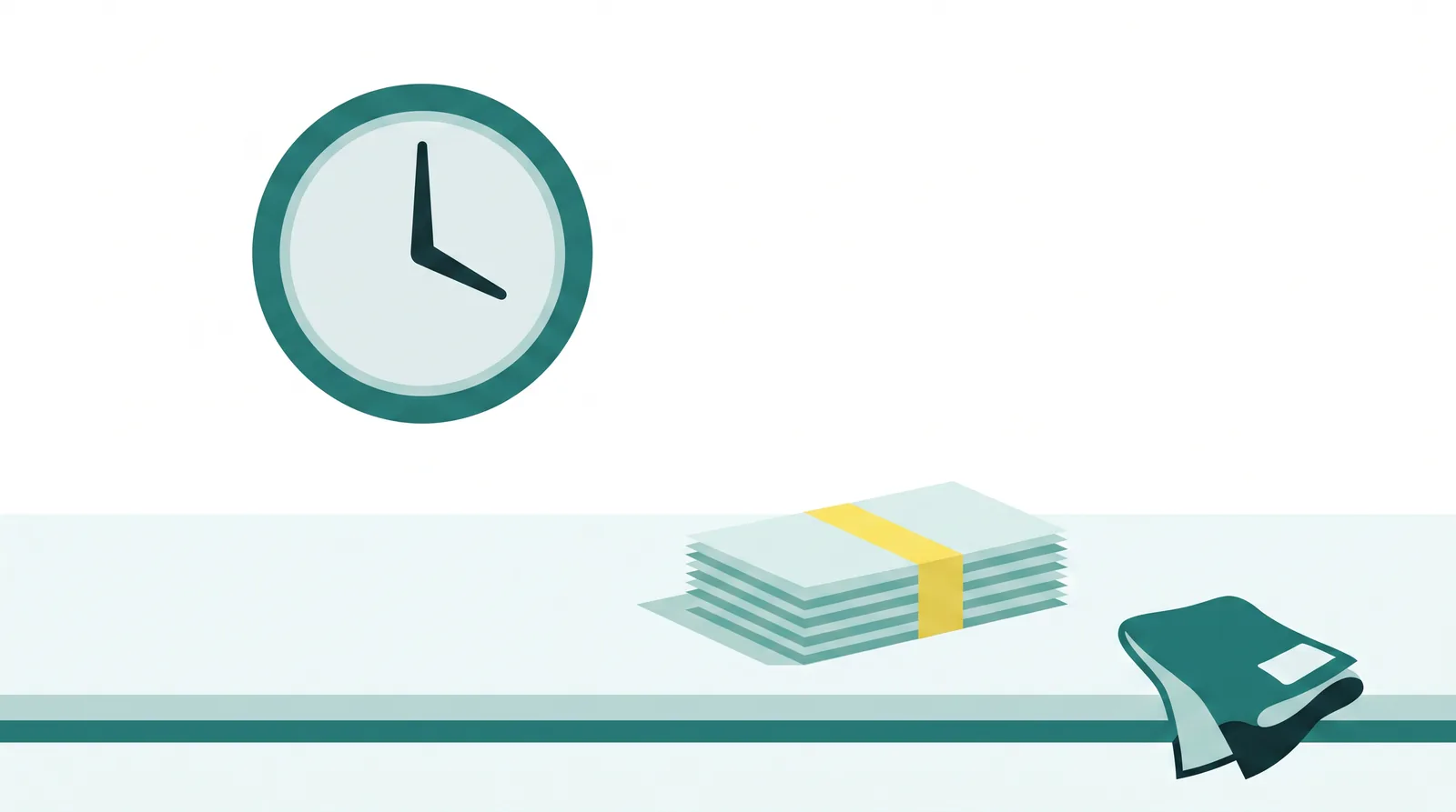 Flat-vector illustration of a blank-faced wall clock above a banded stack of notes and a folded cloth on a counter
