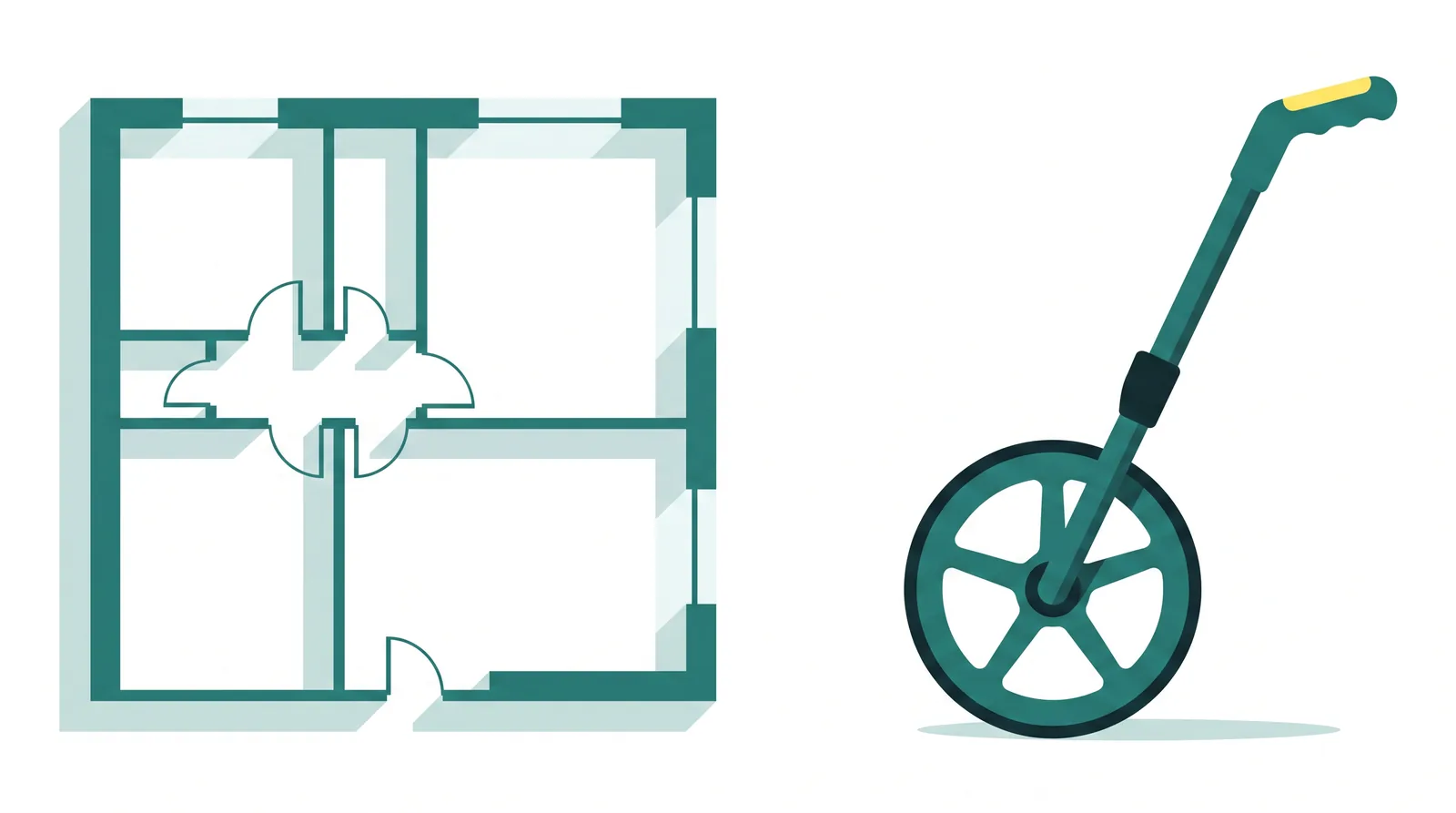 Flat-vector illustration of a floor plan drawn in flat teal lines straight on the white ground with a measuring wheel beside it