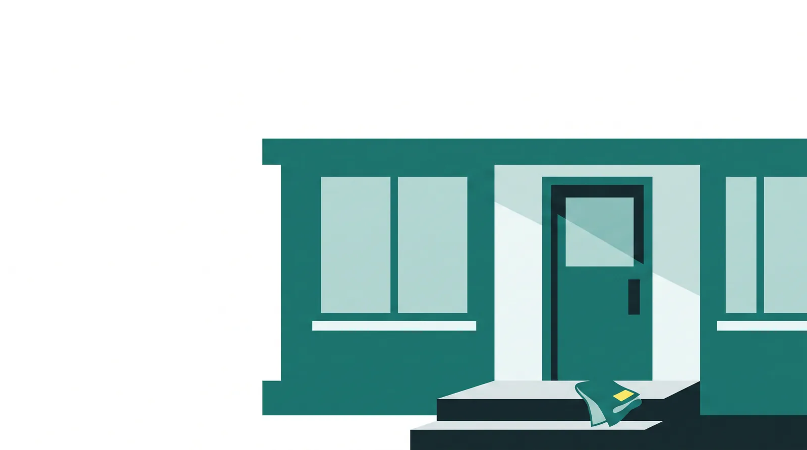 Flat-vector illustration: an office building entrance seen straight on as flat teal shapes