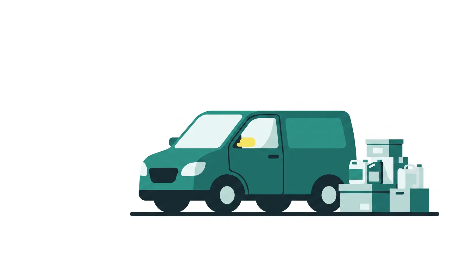 Flat-vector illustration: a small van parked straight on beside a stack of supplies
