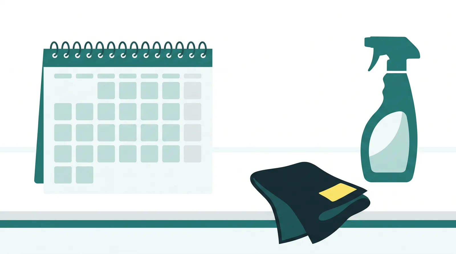Flat-vector illustration: a wall calendar shape with plain blank squares beside a folded cloth and a spray bottle