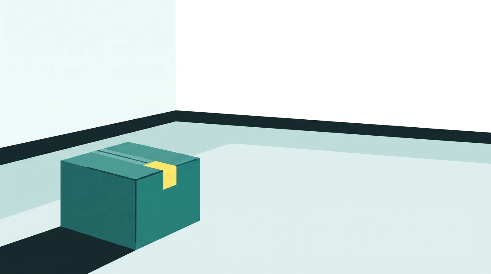Flat-vector illustration: an empty apartment room with bare walls and a single cardboard box