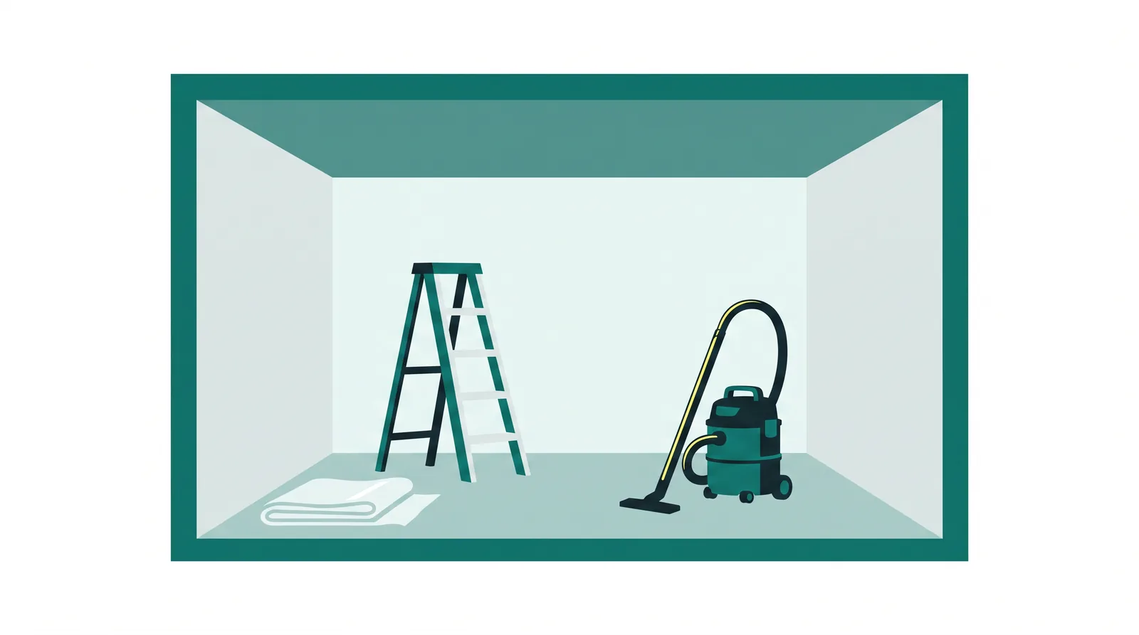 Flat-vector illustration: a newly built empty room with a step ladder and a shop vacuum