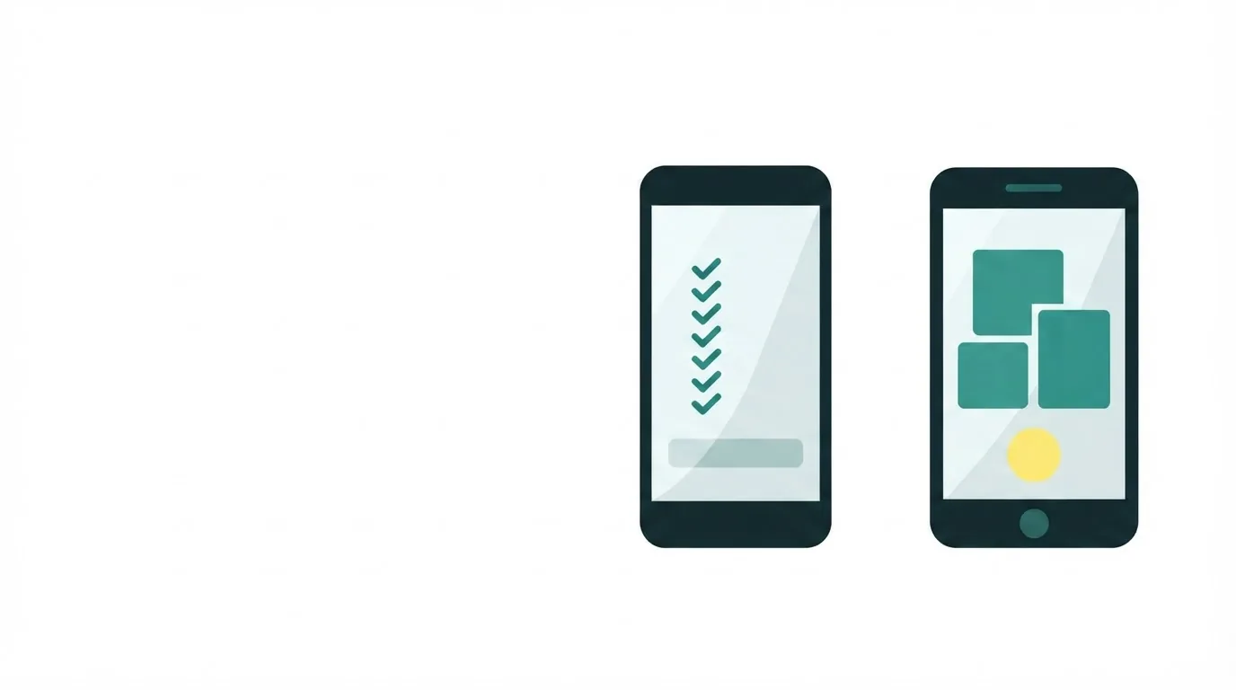 Flat-vector illustration of two phones, one screen a long stack of form rows, the other three blocks and a button