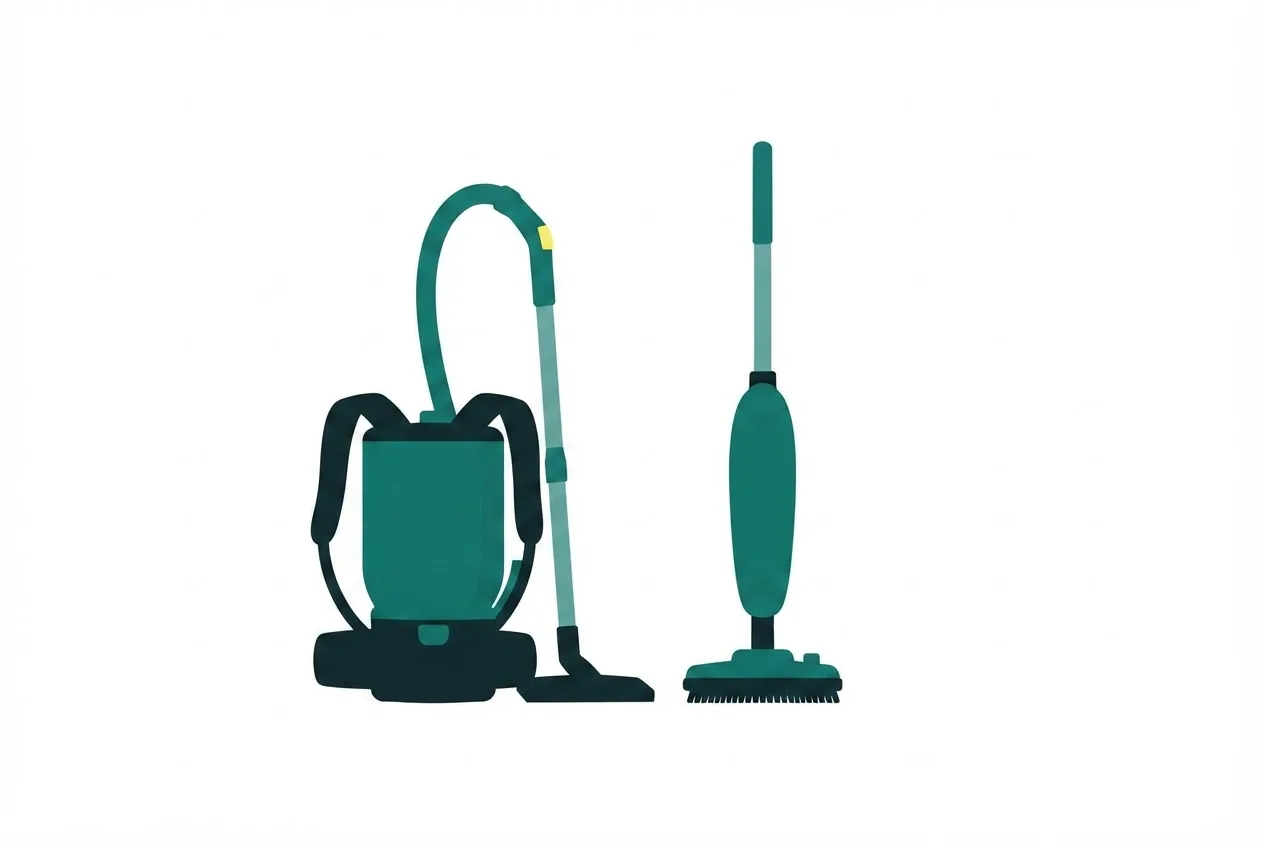 Flat-vector illustration of a backpack vacuum and an upright vacuum standing side by side