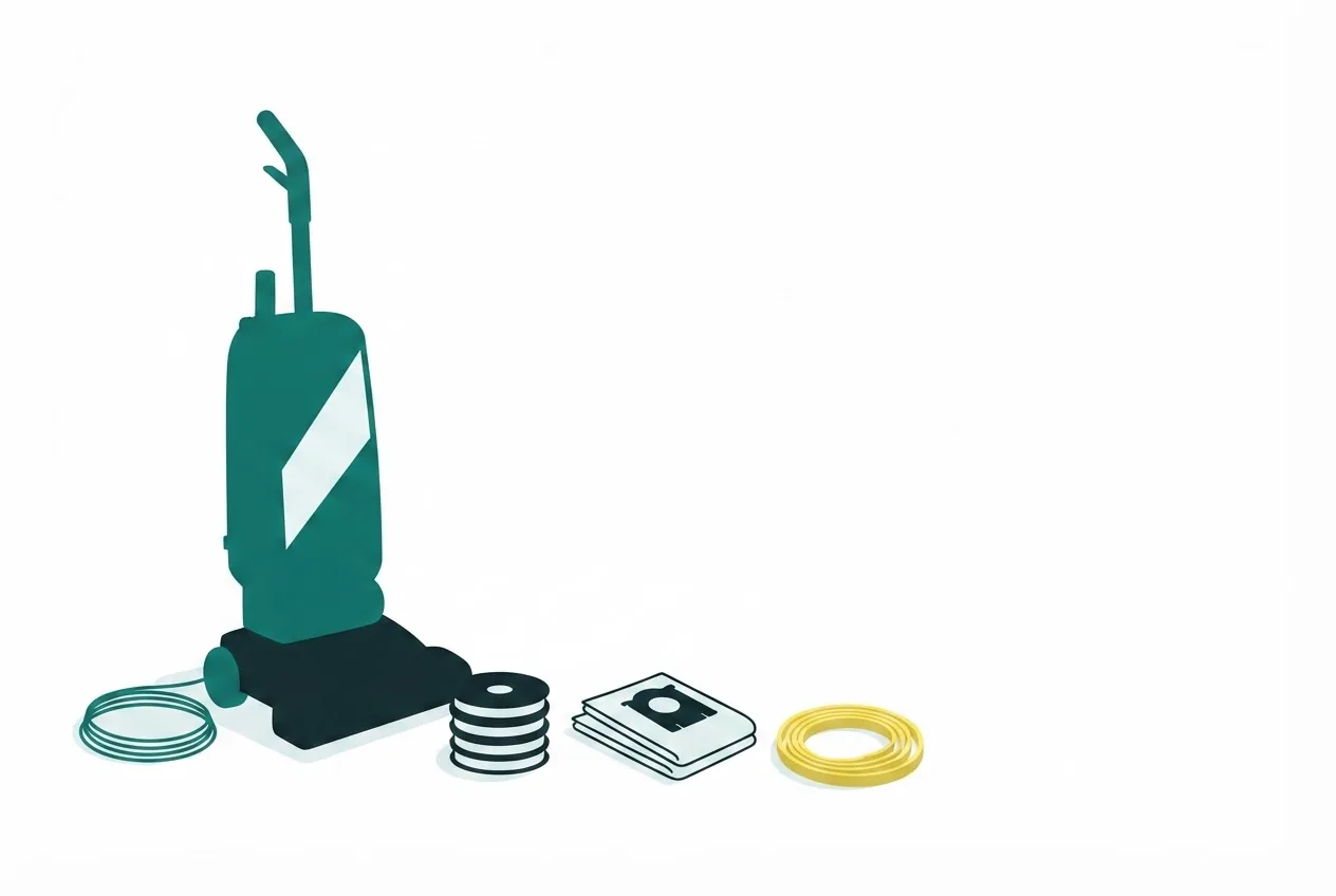 Flat-vector illustration of an upright vacuum beside a stack of filters, bags and a coiled belt