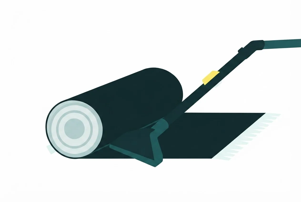 Flat-vector illustration of a rolled rug and a flat rug side by side with a carpet wand resting across them