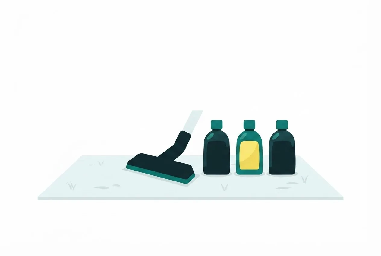 Flat-vector illustration of a carpet wand beside three small treatment bottles