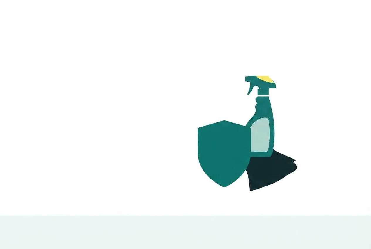 Flat-vector illustration of a shield shape standing over a folded cloth and a spray bottle