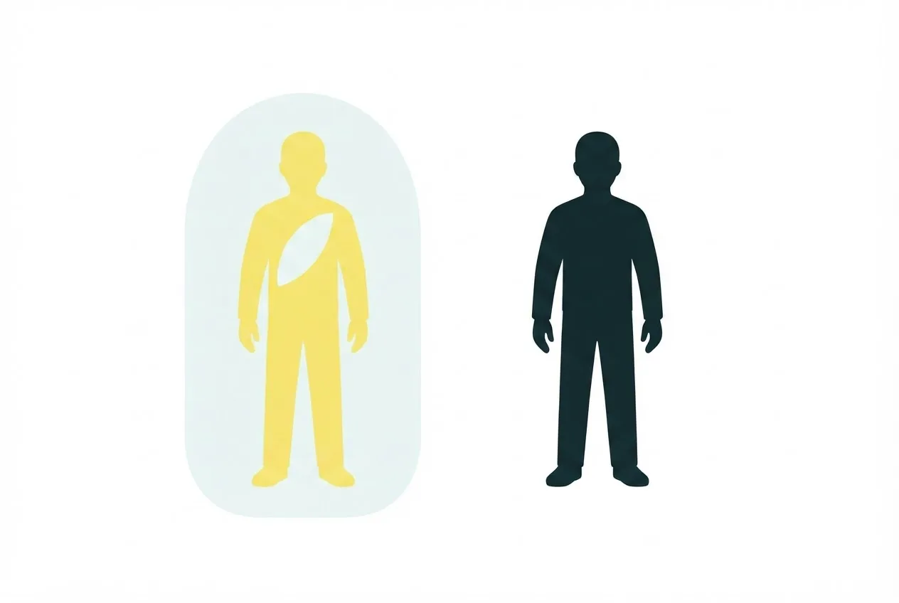 Flat-vector illustration of two identical workers, one enclosed in a boundary and one outside it