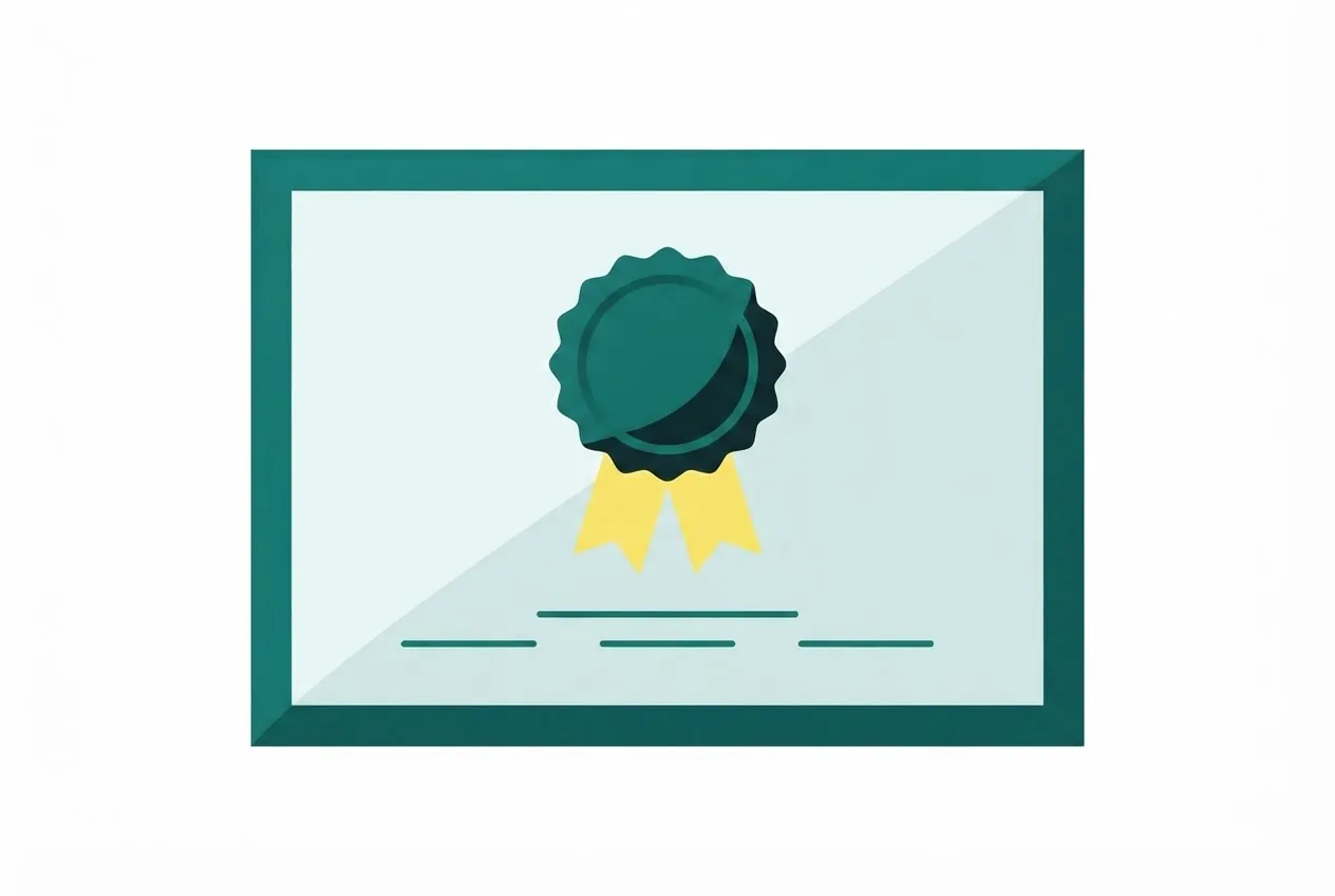 Flat-vector illustration of a framed certificate carrying a rosette seal, ribbon and three ruled rules