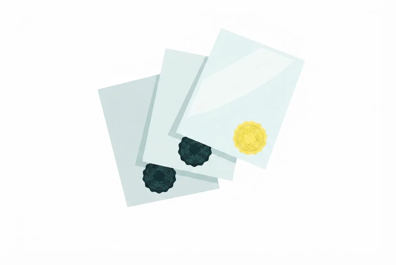 Flat-vector illustration of three overlapping documents, each carrying an embossed seal