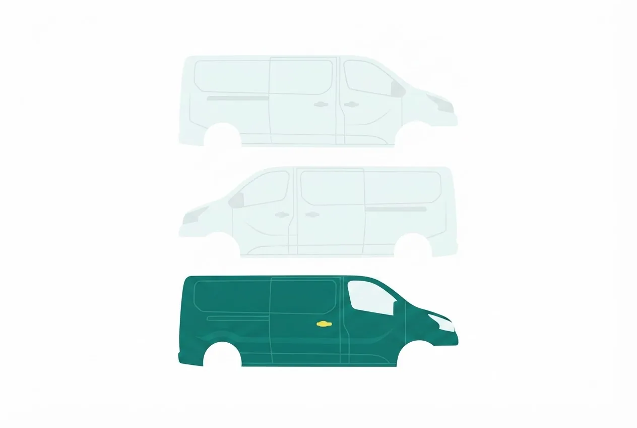 Flat-vector illustration of three van side panels, the top two pale and the bottom one in full colour