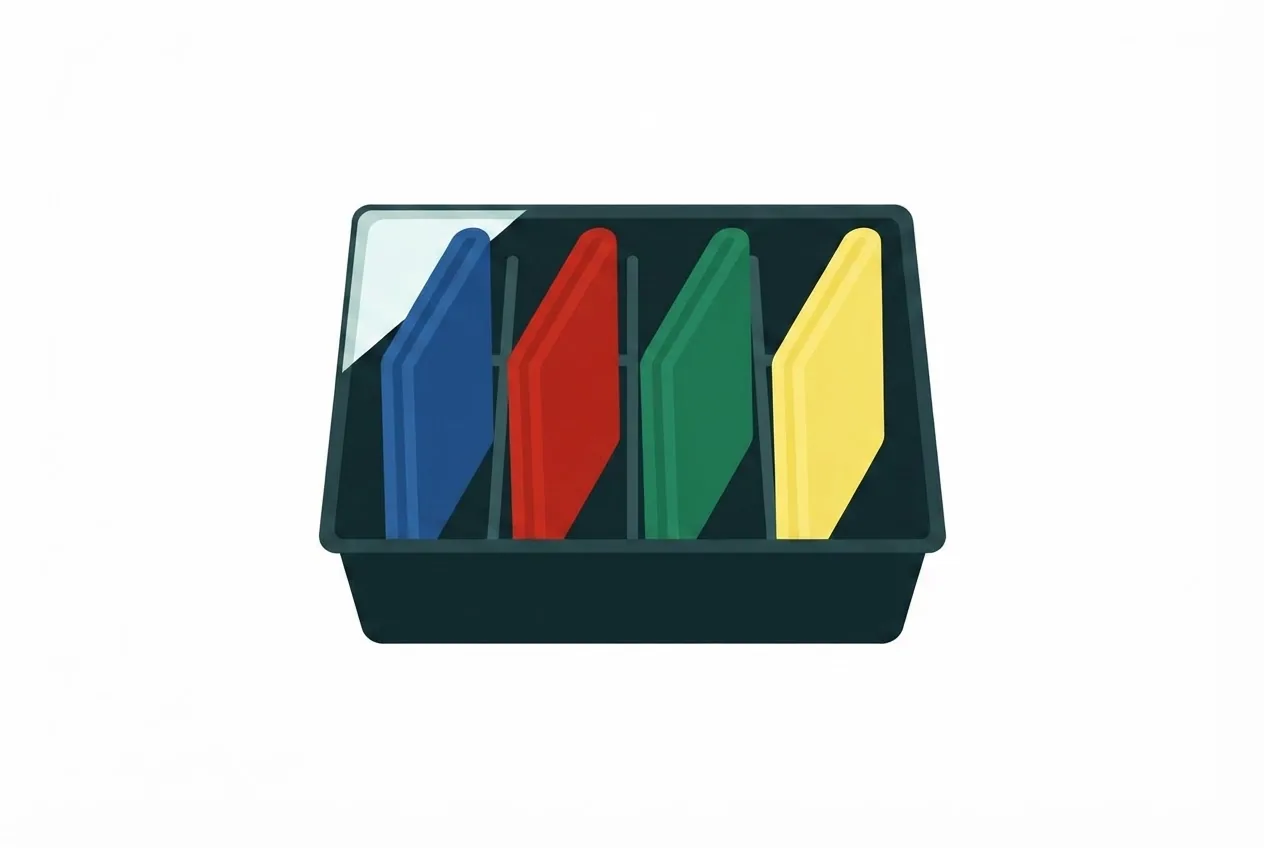 Flat-vector illustration of a caddy holding four cloths: blue, red, green and yellow