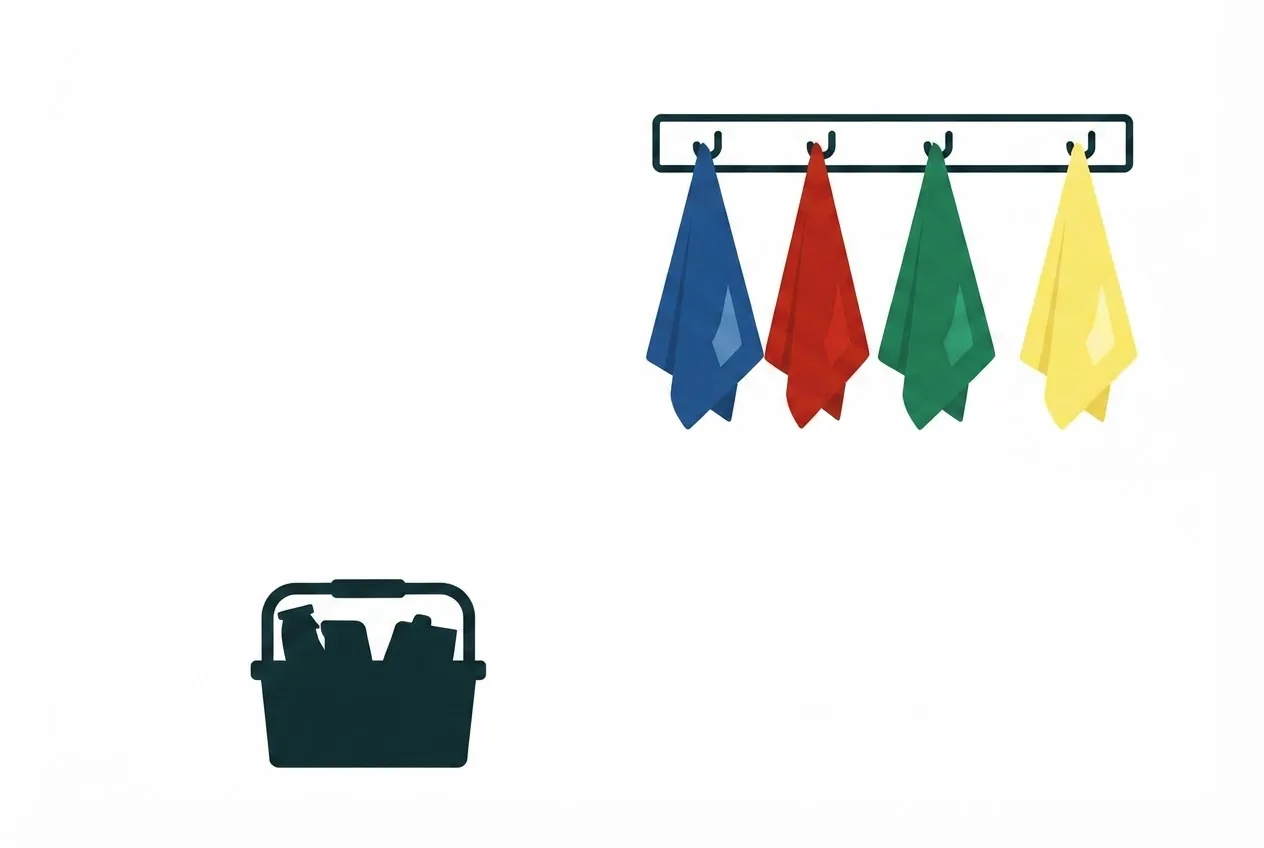 Flat-vector illustration of four coloured cloths on a four-hook rack: blue, red, green, yellow