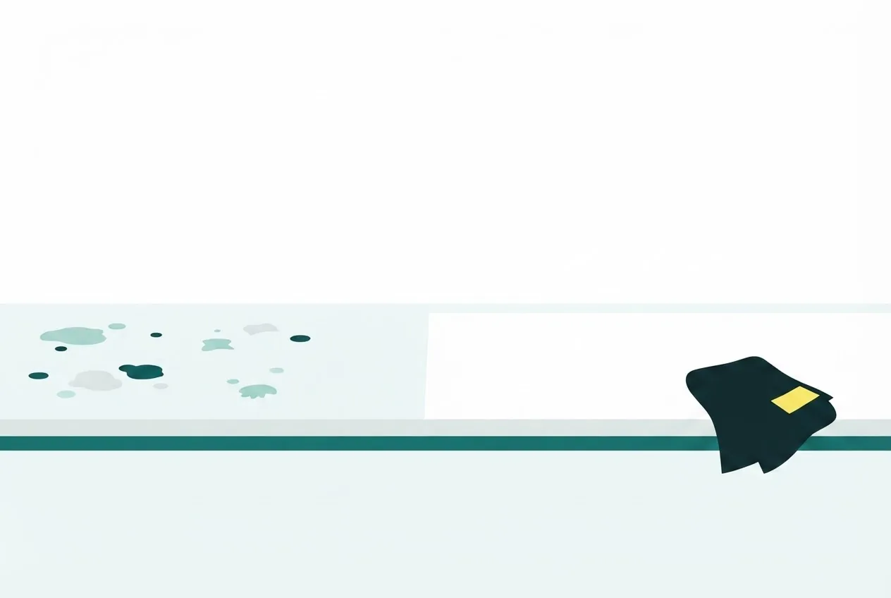 Flat-vector illustration of an oven and hob seen straight on, half the surface wiped bright and half still grey, a scrub pad at the edge