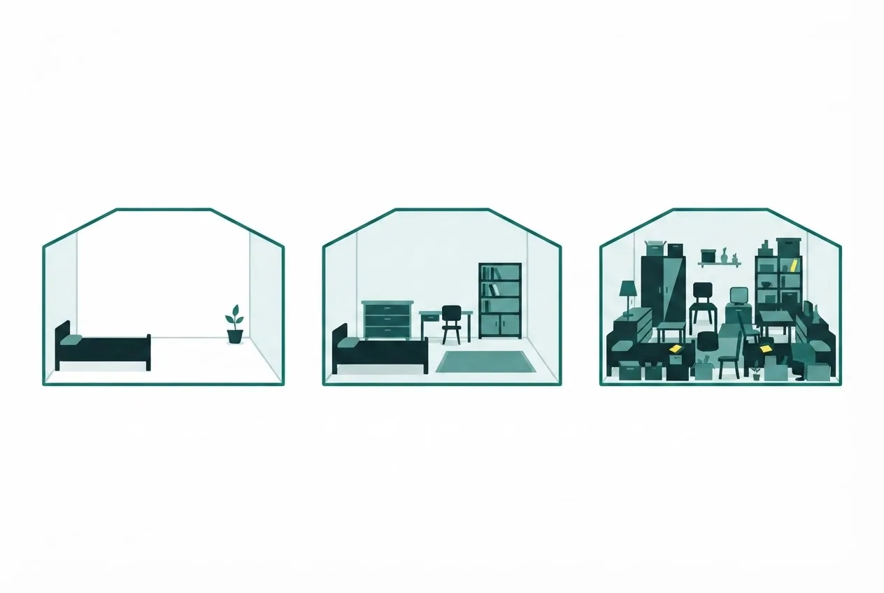 Flat-vector illustration of three identical rooms holding increasing amounts of furniture