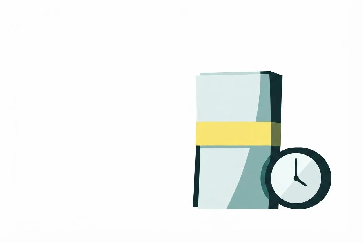 Flat-vector illustration of a banded stack of notes beside a small blank-faced clock