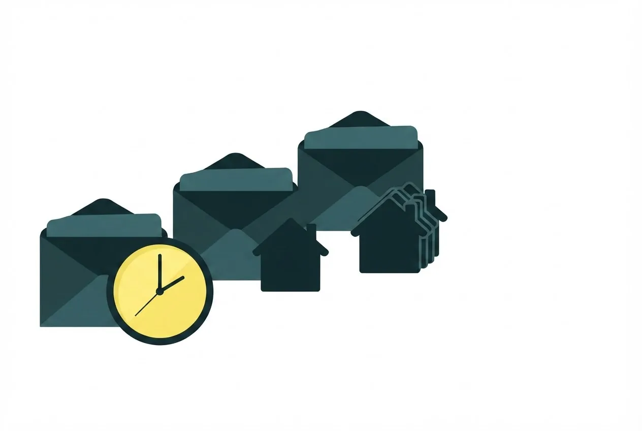 Flat-vector illustration of three pay envelopes marked by a clock, a house and a stack of houses