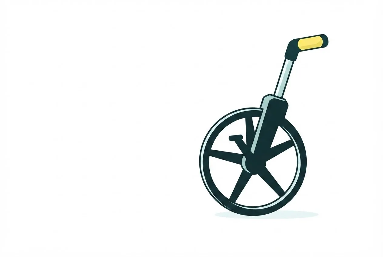 Flat-vector illustration of a floor plan in flat teal lines on the white ground, a measuring wheel beside it