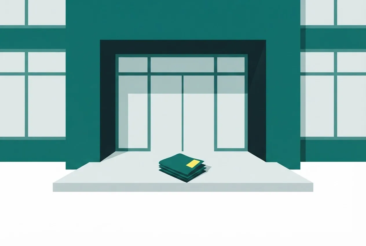 Flat-vector illustration of an office building entrance with a folded set of papers left on the step