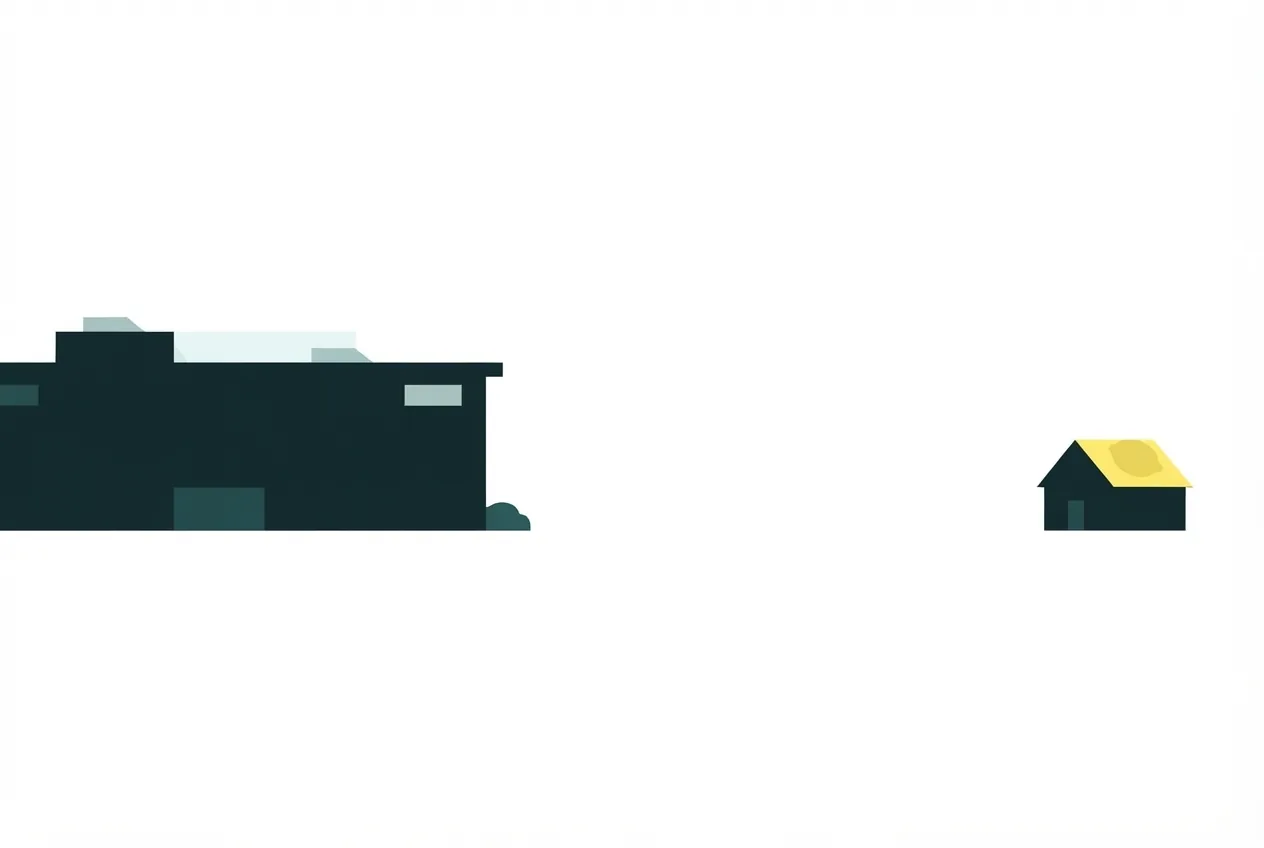 Flat-vector illustration of a wide office block on the left and a single small house on the right