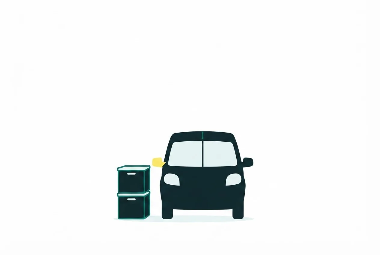 Flat-vector illustration of a small van parked straight on beside a stack of supplies, its doors closed