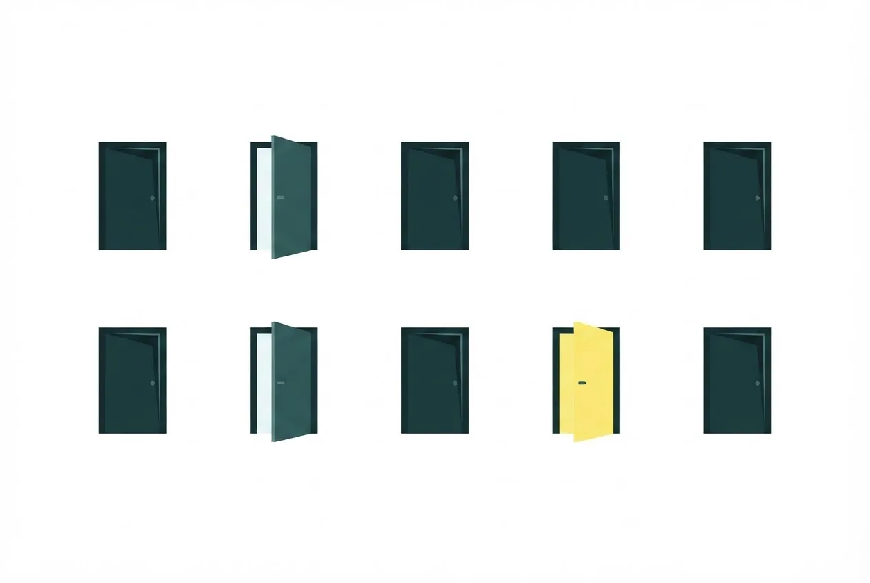 Flat-vector illustration of ten small doors in two rows, three of them ajar