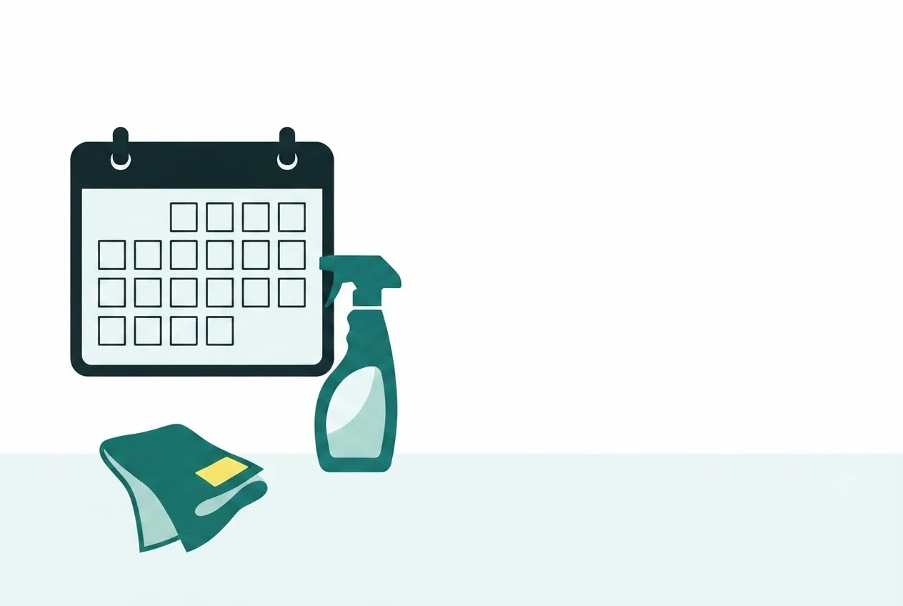 Flat-vector illustration of a wall calendar of blank squares beside a folded cloth and a spray bottle