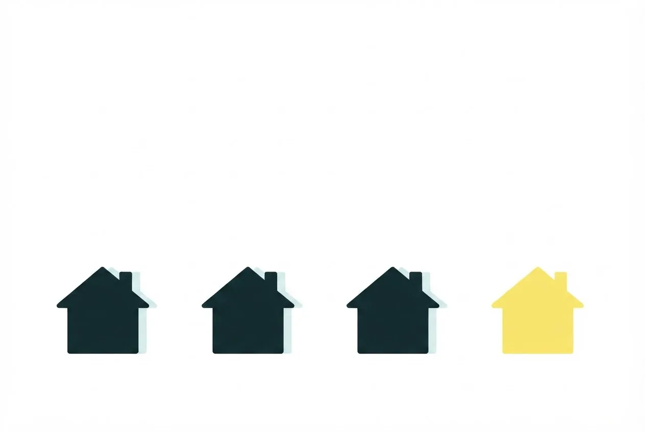 Flat-vector illustration of four identical small houses in a row, the last one highlighted