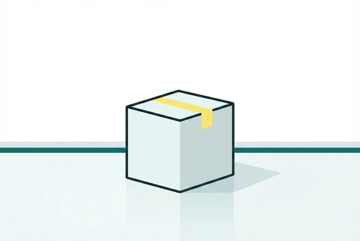 Flat-vector illustration of an empty apartment room with bare walls, a gleaming floor and one cardboard box