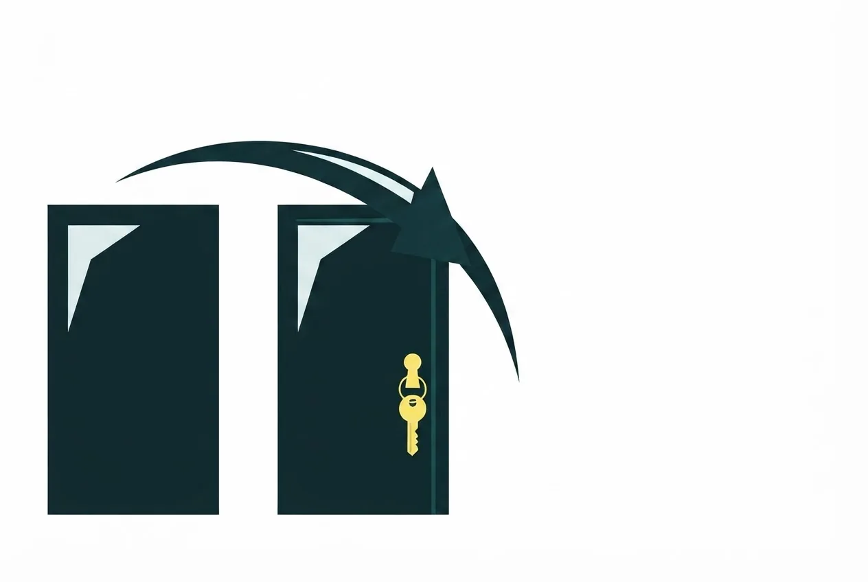 Flat-vector illustration of two doorways, an arrow curving back into the second one