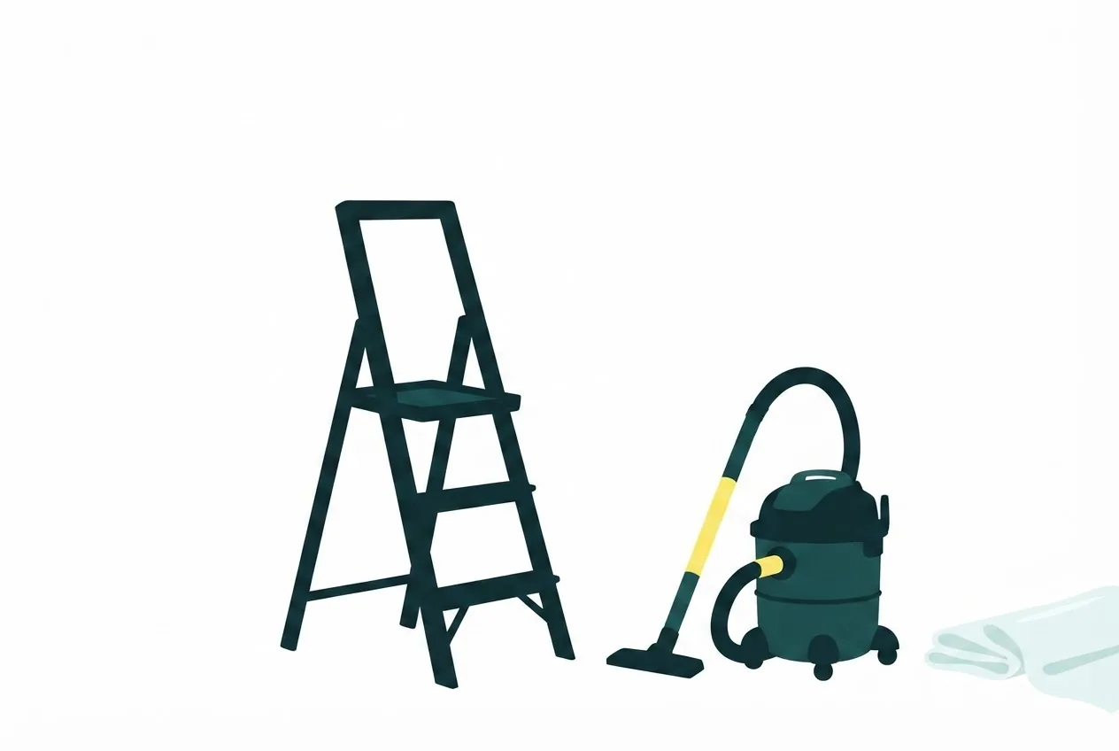 Flat-vector illustration of a newly built empty room with a step ladder, a shop vacuum and folded plastic sheeting