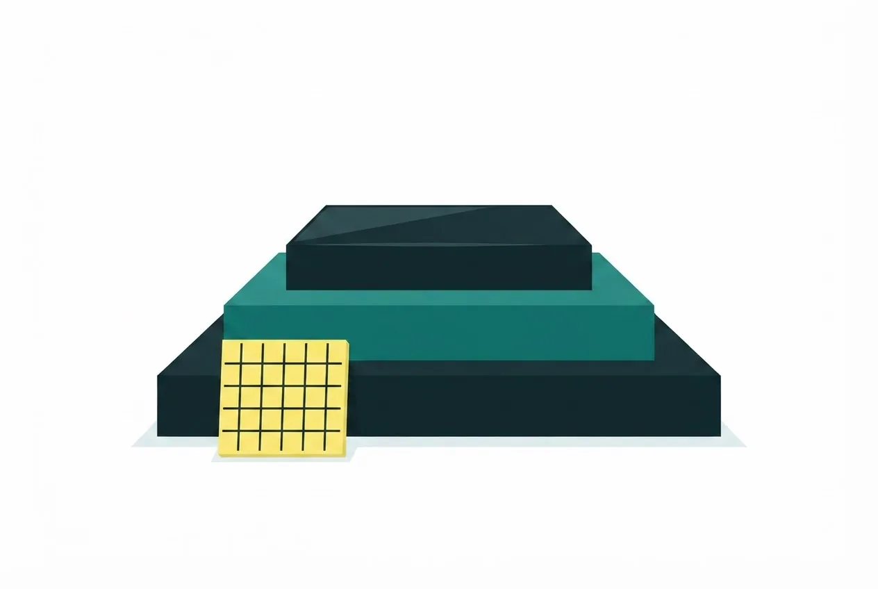 Flat-vector illustration of three stacked slabs of decreasing width beside a grid tile