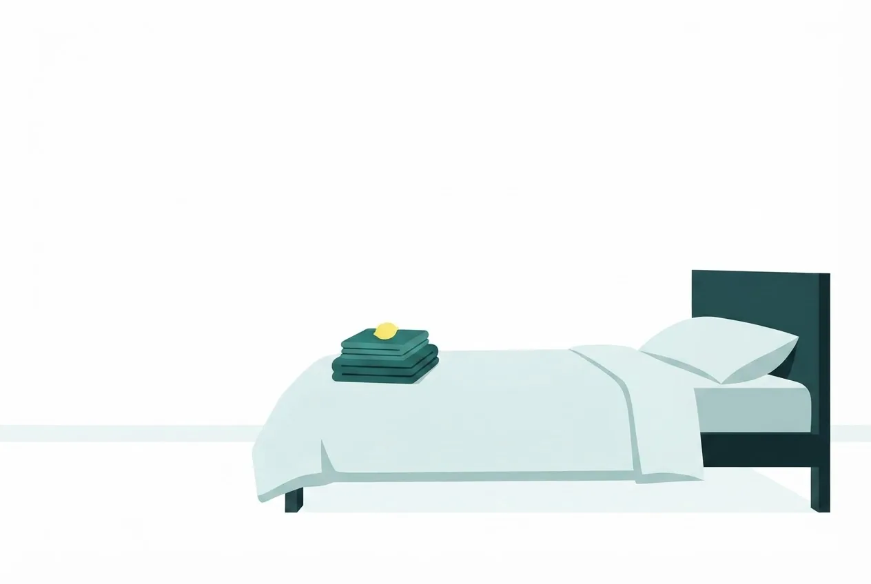 Flat-vector illustration: a made bed in an empty short-let bedroom seen straight on