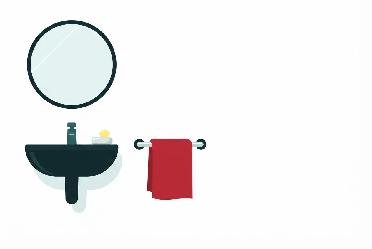 Flat-vector illustration: a small clean bathroom seen straight on