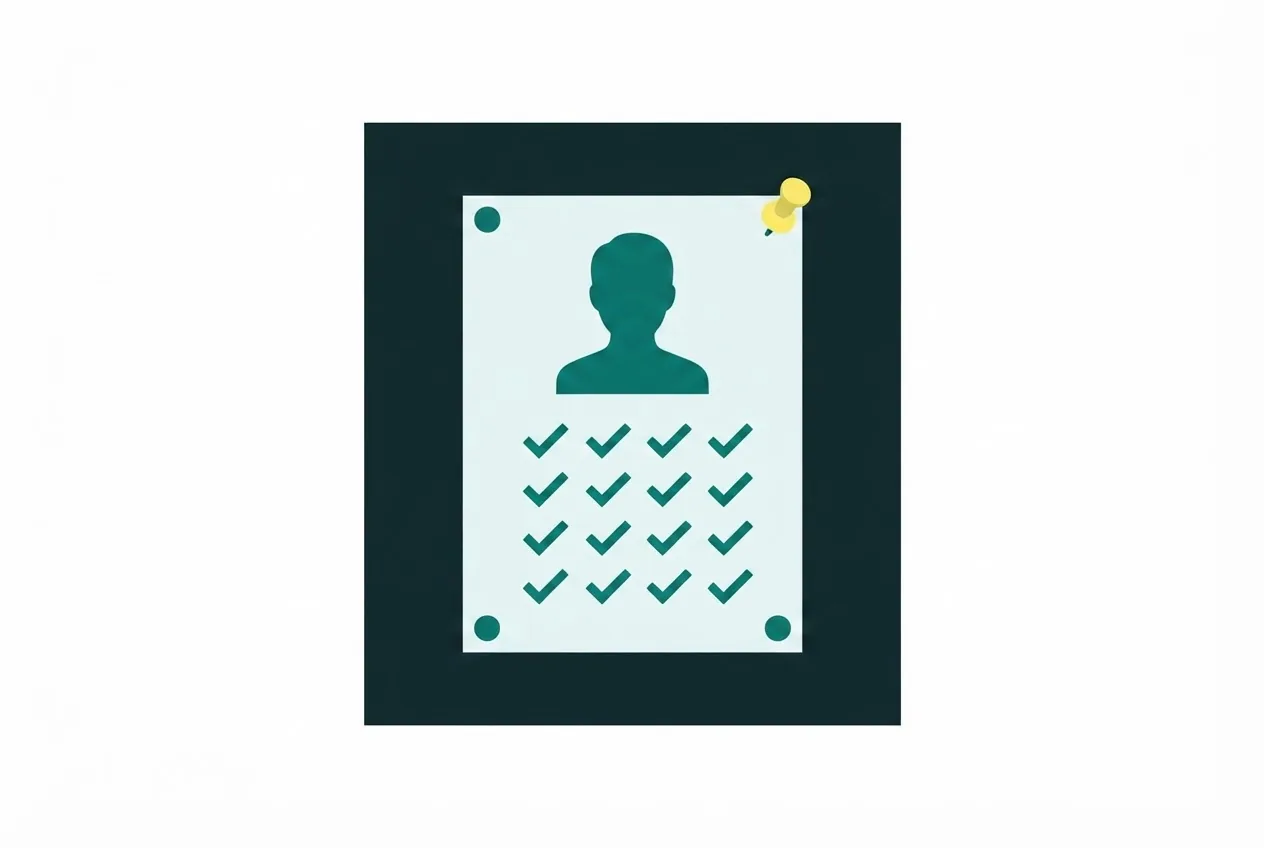 Flat-vector illustration of a pinned noticeboard sheet with a silhouette above five tick rows
