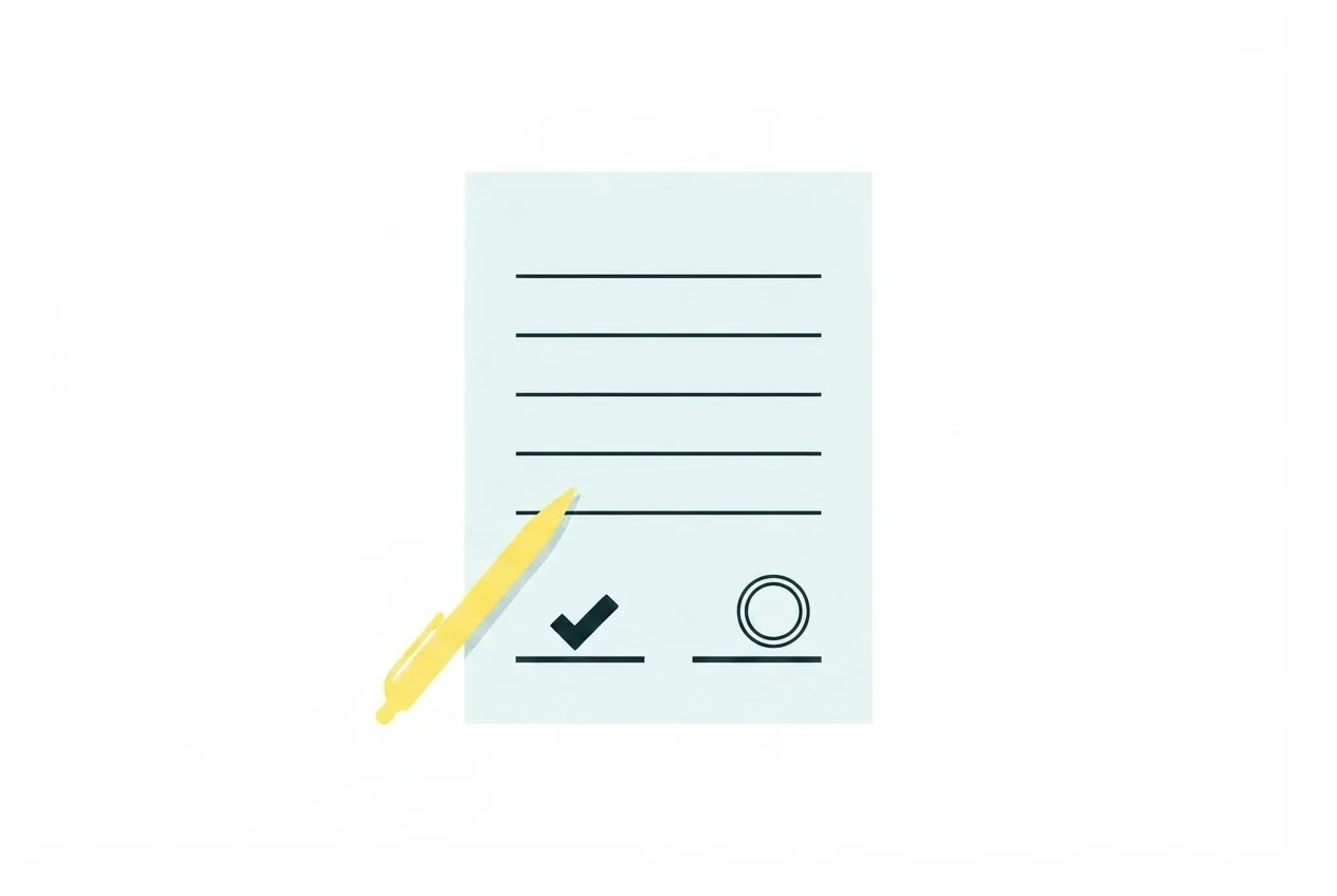 Flat-vector illustration of a contract sheet, a filled tick on one agreement rule and a stamped circle on the other, with a pen
