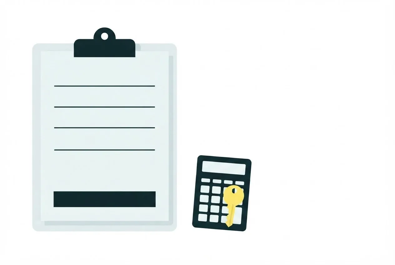 Flat-vector illustration of an invoice sheet with four ruled line-item rows over a foot rule and a solid total block