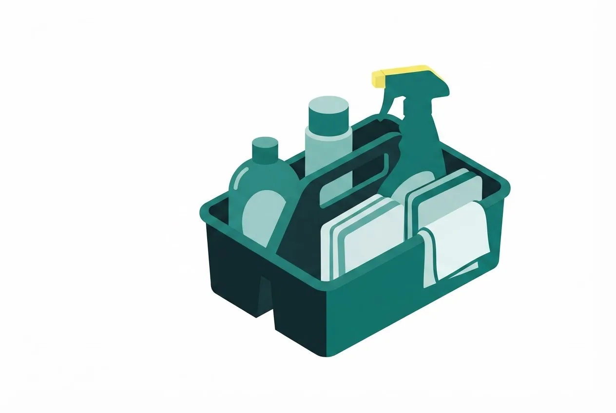 Flat-vector illustration: a supply caddy seen from slightly above holding bottles and folded cloths