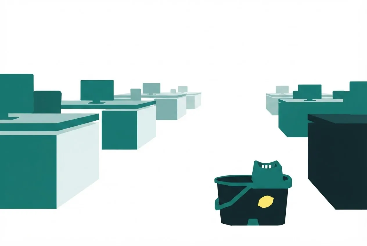 Flat-vector illustration: an empty open-plan office floor seen from a slightly high angle