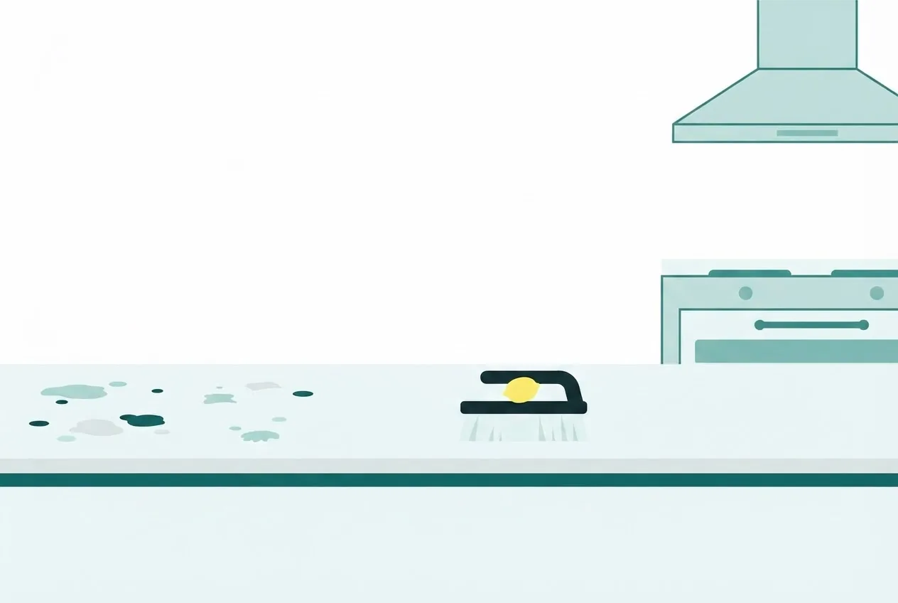 Flat-vector illustration: a kitchen seen straight on with the extractor hood and oven front picked out
